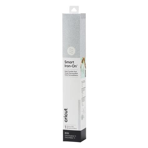Cricut Smart Iron-on 33x91cm 1 sheet (Glitter Silver); 1 roll 33 cm x 0.9 m (13 in x 3 ft); Works without a cutting mat – just load & go!; Outlasts 50+ washes!; Cuts beautifully and weeds easily; For Cricut Explore™ 3 & Cricut Maker™ 3